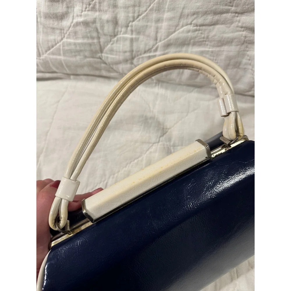 Vintage 60s Style Colorblock Patent Handbag Navy Red White Kiss Lock Doctor Bag